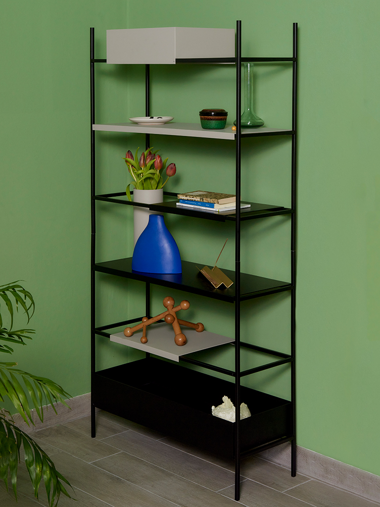 Dalila Bookcase (set): modular bookcase that features powder-coated metal frame with both shelves and storage units.