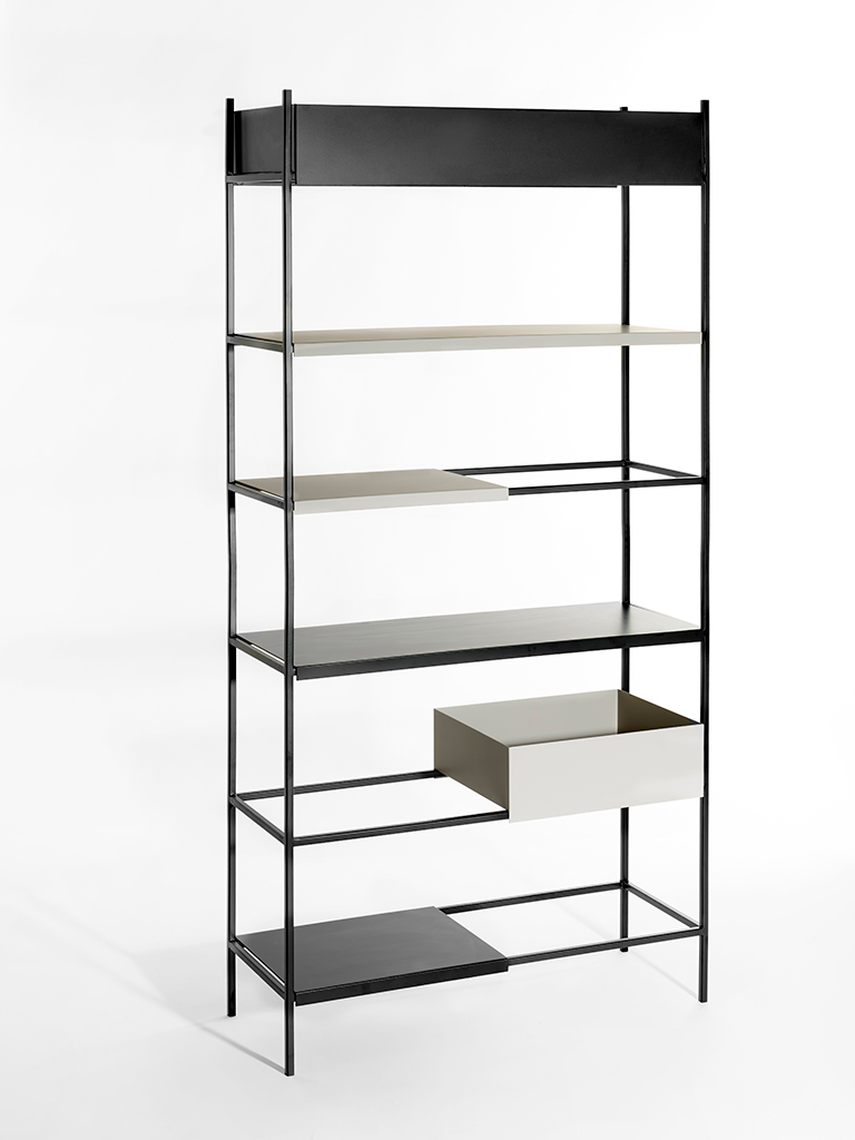 Dalila Bookcase: modular bookcase that features powder-coated metal frame with both shelves and storage units.