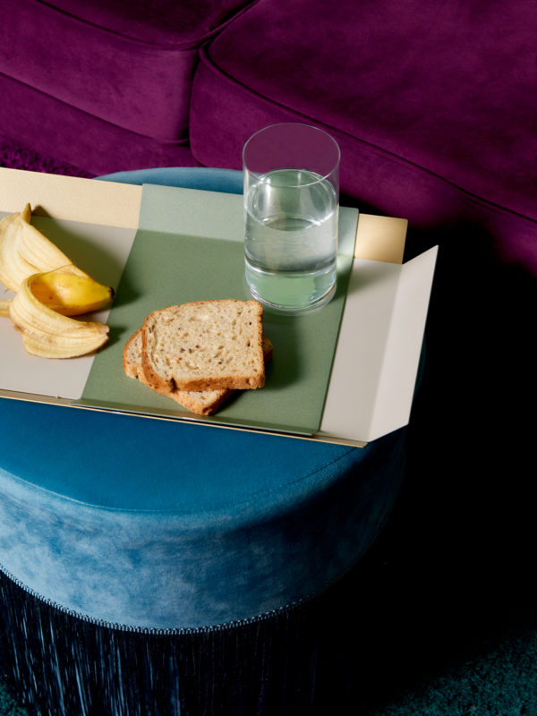LOLA TRAYS (set). Powder coated metal trays. Available in different finishes and colors: Satin Gold and Mauve Green.